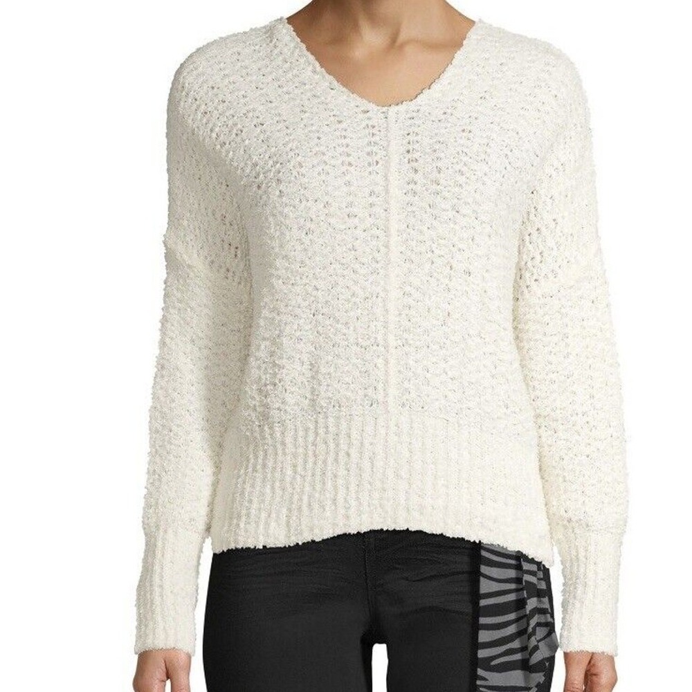 Time and Tru Large L 12-14 Tape Yarn Sweater Cream V-Neck Open Knit Pullover